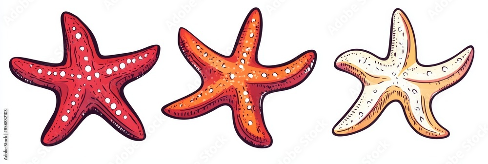 Vibrant red starfish collection on white background in a doodle style illustration Vibrant red starfish collection on white background in a doodle style illustration