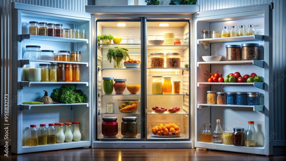 A opened refrigerator door reveals a dimly lit interior with jars, bottles, and containers of food and drinks, with shelves and compartments in the background.