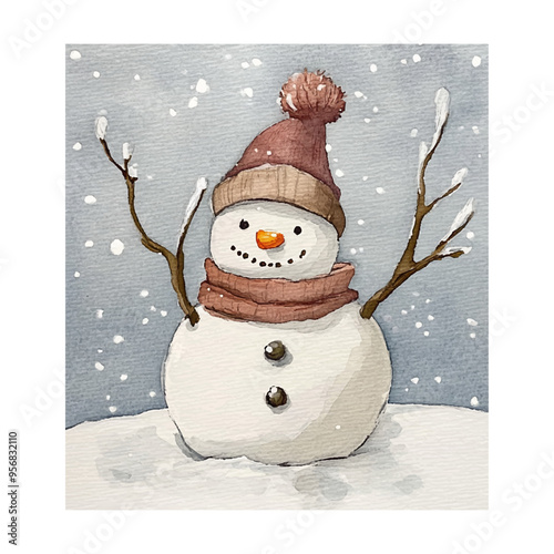 Snowman with a scarf, gloves and hat in cartoon watercolor style. Vector illustration.