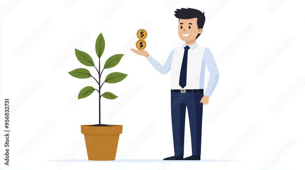 A financial advisor is presenting concept of growth through investment, symbolized by plant and coins. A financial advisor is presenting concept of growth through investment, symbolized by plant and coins.