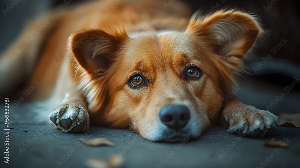 Sad and Exhausted Dog Lying Down with Drooping Ears and Soft Lighting Sad and Exhausted Dog Lying Down with Drooping Ears and Soft Lighting