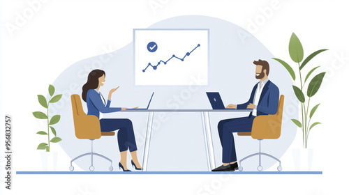 Business professionals strategizing company growth in modern office setting, discussing data trends and collaborating effectively.