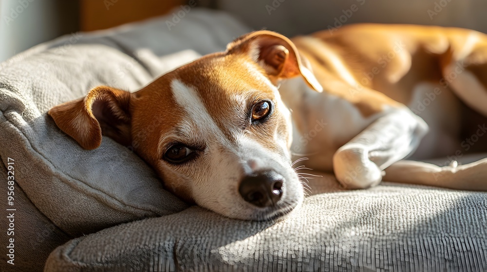 Sad Dog Lying on Cushion with Soft Natural Lighting Sad Dog Lying on Cushion with Soft Natural Lighting