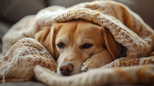 Sick and Curled Up Dog Under Comforting Blanket in Warm Lighting