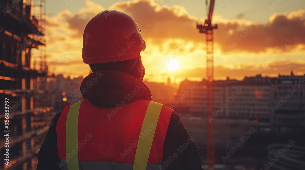 A construction worker wearing a safety vest and helmet observes a city skyline at sunset, with cranes in the background. A construction worker wearing a safety vest and helmet observes a city skyline at sunset, with cranes in the background.