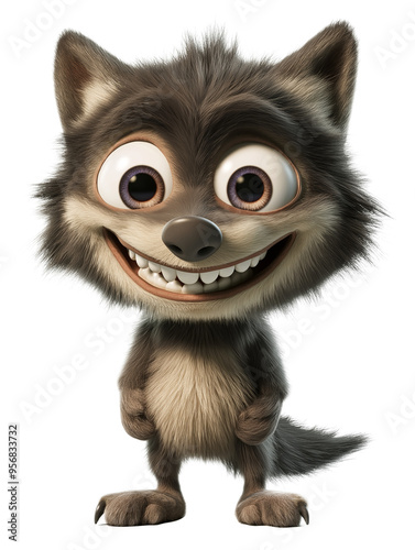 Cartoon character of a cute smiling werewolf with big eyes. 3D rendering on a white background. Halloween character design. Concept for Halloween decoration and illustration. Full body front view. PNG