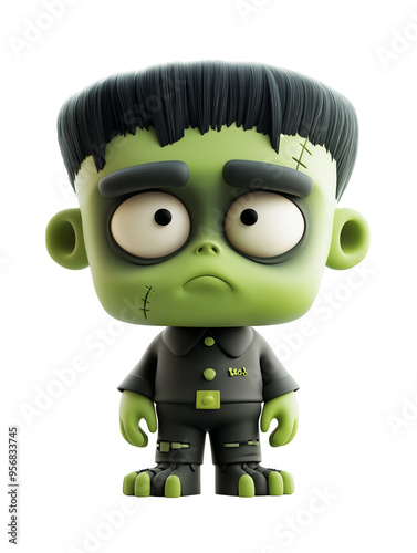 Cartoon character of a cute Frankenstein monster with large eyes. 3D rendering on a transparent background. Halloween character design. Concept for Halloween decoration and illustration. PNG