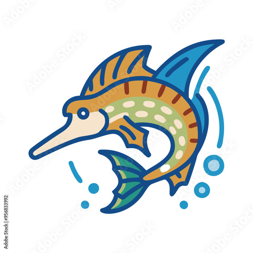 Energetic Cartoon Swordfish bathysaurus Leaping Joyfully Out of Blue Wavy Waters
