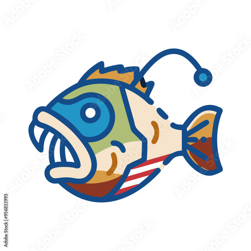 Quirky Cartoon Angler hatchetfish Fish with Glowing Lure Swimming in Dark Waters photo