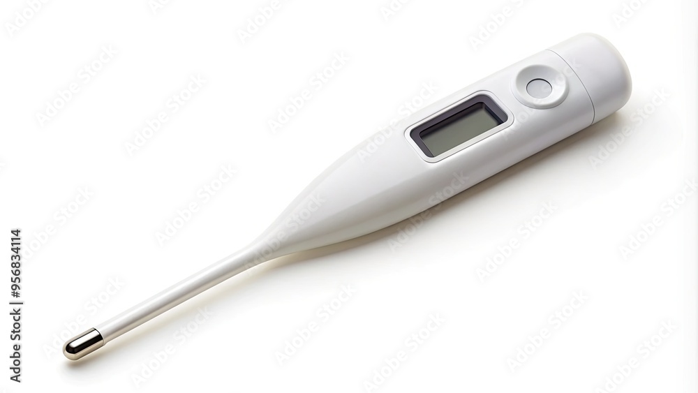 A precise digital thermometer with a flexible stem and clear LCD display lies on a clean white surface, ready for accurate temperature measurement. A precise digital thermometer with a flexible stem and clear LCD display lies on a clean white surface, ready for accurate temperature measurement.