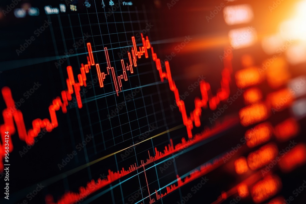 Close-up of financial stock market chart with red trend line, symbolizing economic data, analysis, and investment fluctuations. Close-up of financial stock market chart with red trend line, symbolizing economic data, analysis, and investment fluctuations.