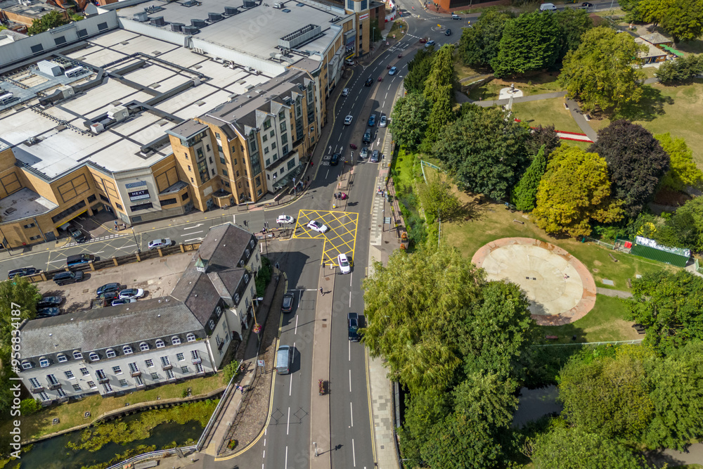 Naklejka premium Aerial drone shot over cars driving on the road in Bishops Stortford in England