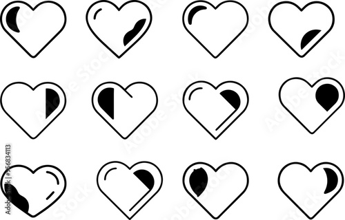 Heart Outline Icons in Black with Various Shading Patterns for Love Concepts