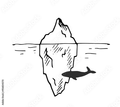 whale swimming near the iceberg, fish swimming in front of a iceberg, whale tattoo, fish with iceberg tattoo, whale with iceberg tattoo, iceberg design, whale in the sea