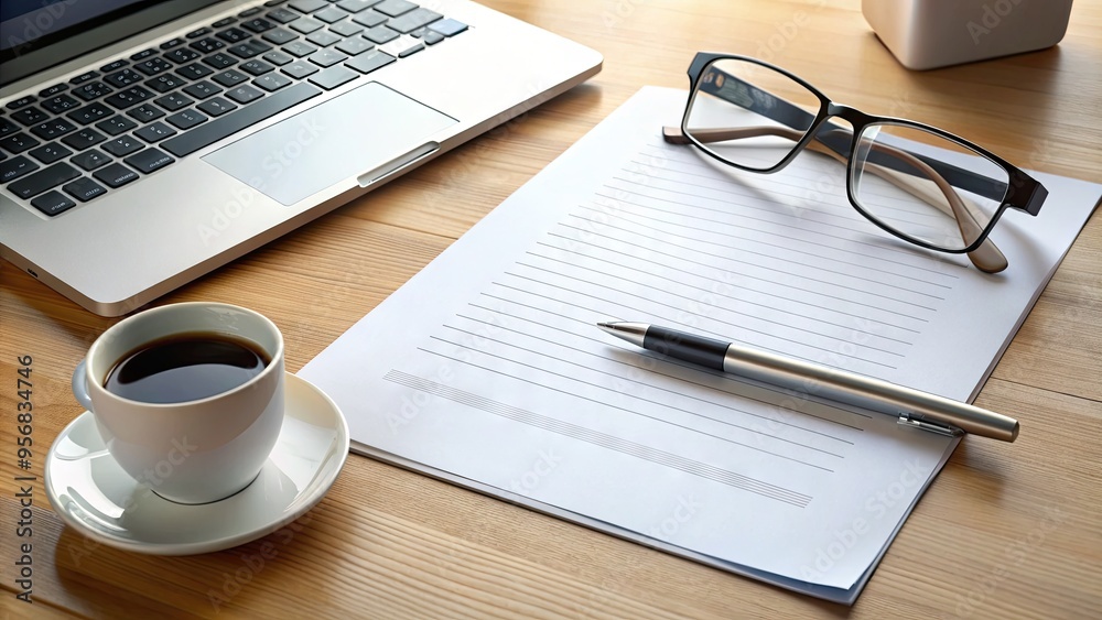 A professionally designed business proposal template laid out on a desk with a pen and glasses, surrounded by papers and a laptop, ready for customization. A professionally designed business proposal template laid out on a desk with a pen and glasses, surrounded by papers and a laptop, ready for customization.