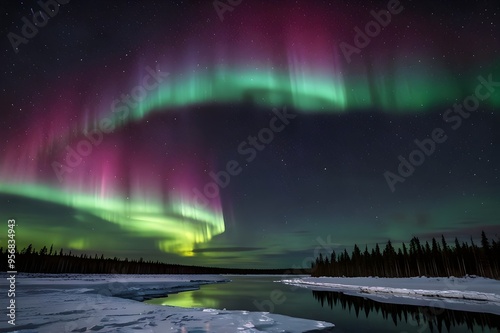 A breathtaking night scene of the aurora borealis casting vibrant shades over a frozen Arctic lake. The ice reflects the colorful lights, creating a mesmerizing, ethereal display against a starry sky.