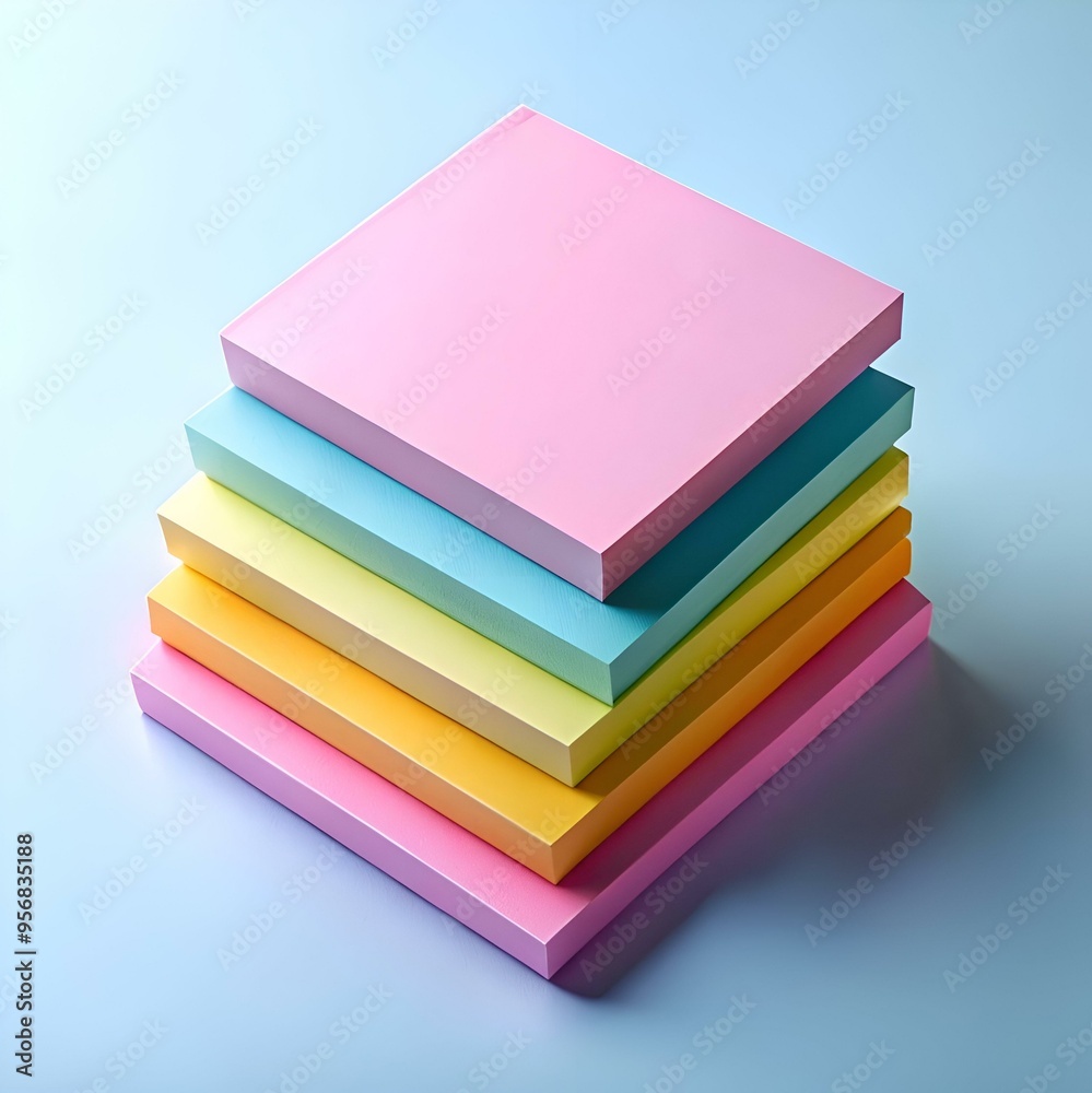 A stack of five colorful sticky notes in pastel shades of pink. blue. yellow. and orange. arranged in a neat. playful stack. A stack of five colorful sticky notes in pastel shades of pink. blue. yellow. and orange. arranged in a neat. playful stack.