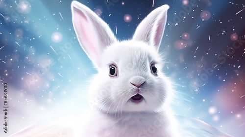 Close up of white bunny with surprised expression and starry background 3D render photorealistic