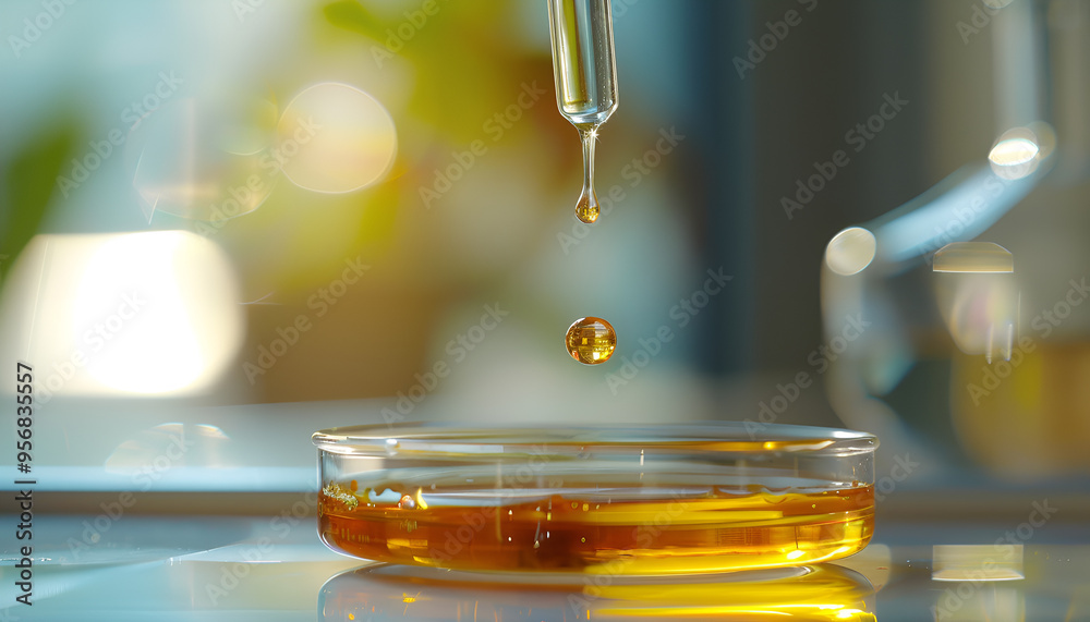 Dripping liquid from pipette into petri dish on blurred background, closeup. Laboratory analysis Dripping liquid from pipette into petri dish on blurred background, closeup. Laboratory analysis