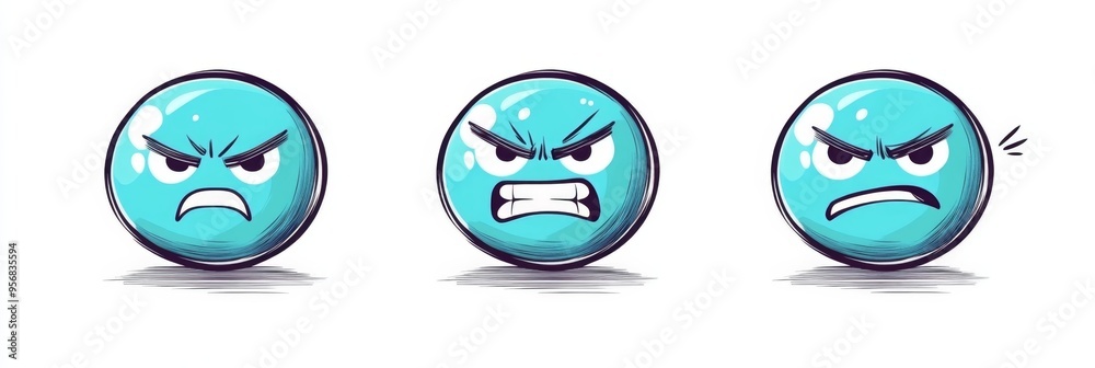 Turquoise angry emoticons in doodle style on a white background set against isolation Turquoise angry emoticons in doodle style on a white background set against isolation