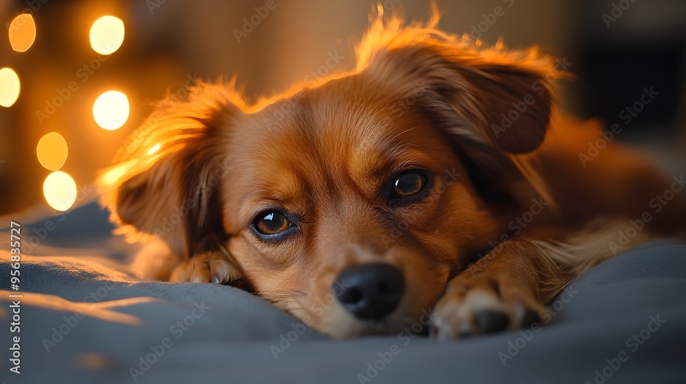 Tired Dog Taking a Cozy Rest on Soft Bed Under Warm Lighting Tired Dog Taking a Cozy Rest on Soft Bed Under Warm Lighting