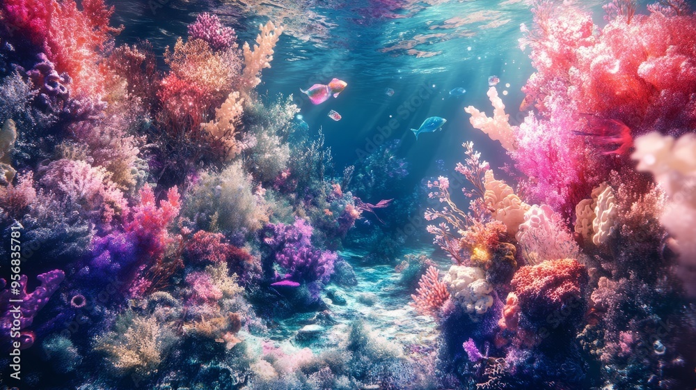 Naklejka premium Glassmorphism Fish & Holographic Reefs: An Immersive AR Underwater Experience 1