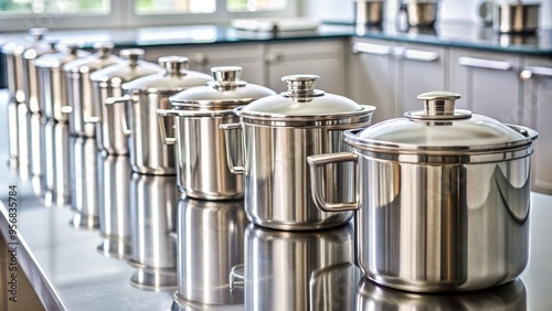 A rows of polished stainless steel medical cups with lids and handles lined up on a clean white laboratory counter, awaiting laboratory testing and analysis. photo