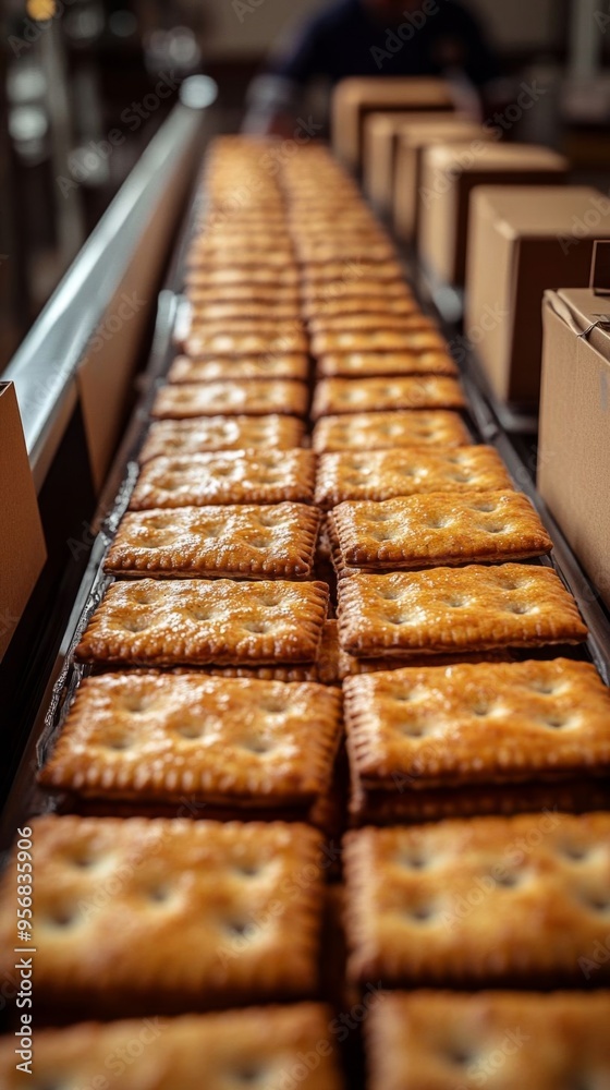 Barley crackers are being baked, perfectly golden and arranged in boxes on a production line. Barley crackers are being baked, perfectly golden and arranged in boxes on a production line.