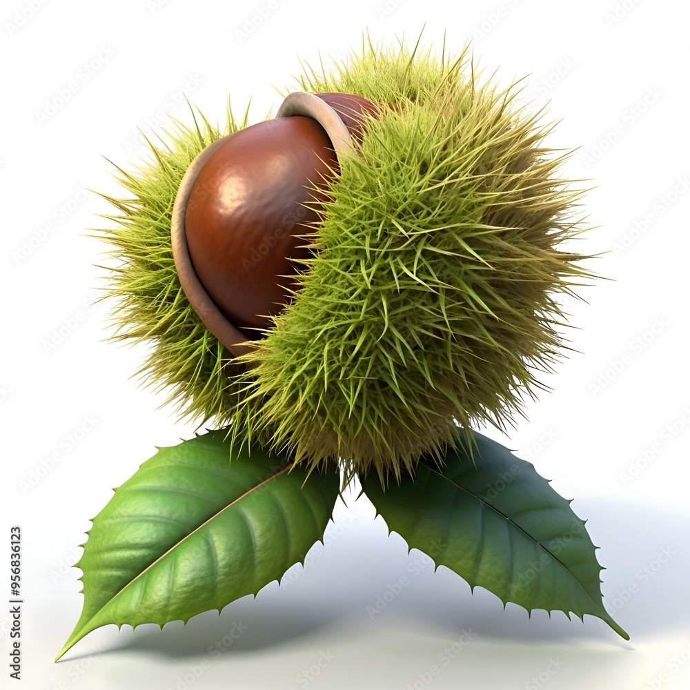 A realistic 3D illustration of a single American Chestnut. bursting from its spiky burr and perched on two vibrant leaves. A realistic 3D illustration of a single American Chestnut. bursting from its spiky burr and perched on two vibrant leaves.