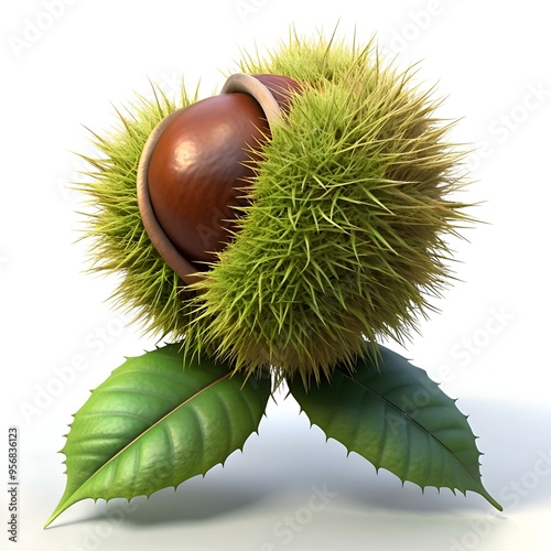 A realistic 3D illustration of a single American Chestnut. bursting from its spiky burr and perched on two vibrant leaves. photo