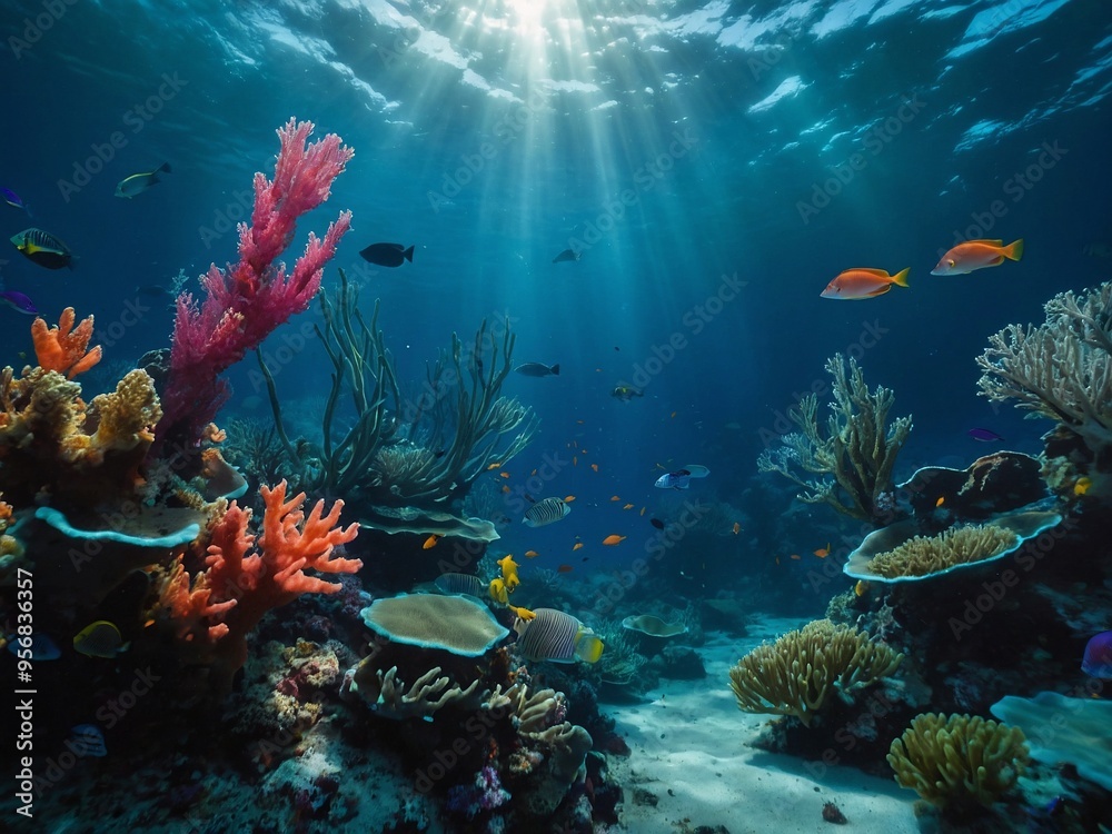 A mystical underwater scene with bioluminescent creatures swimming among vibrant coral reefs, creating an ethereal and otherworldly environment. A mystical underwater scene with bioluminescent creatures swimming among vibrant coral reefs, creating an ethereal and otherworldly environment.