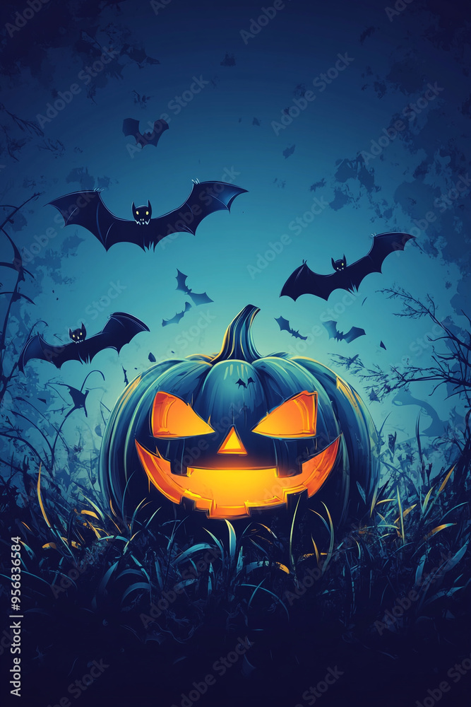 Halloween pumpkin illustration with bats and grass on a blue and dark background. Halloween pumpkin illustration with bats and grass on a blue and dark background.
