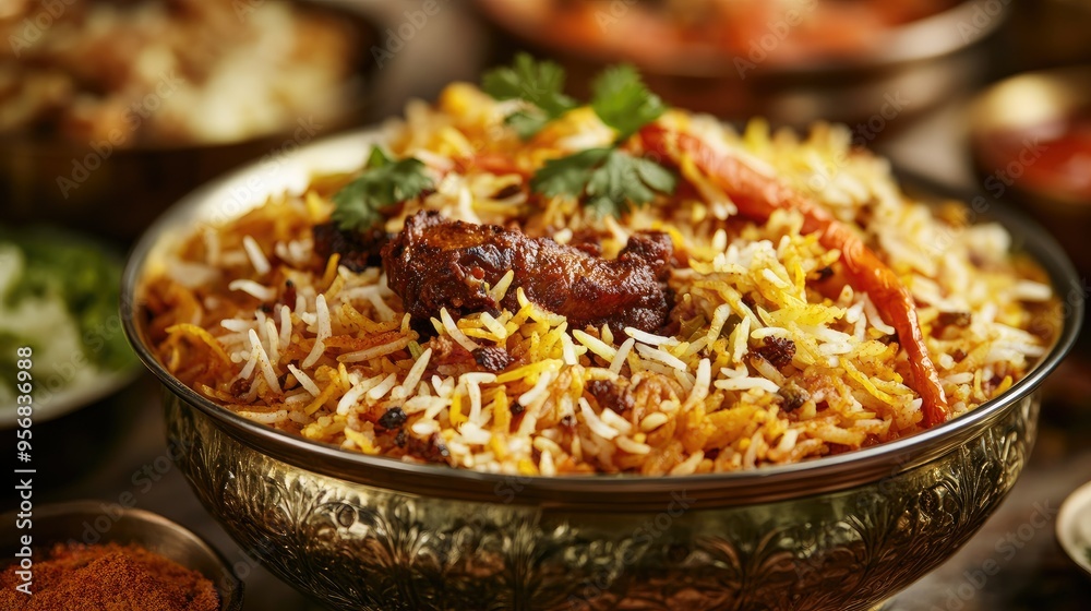 Close-up view of a traditional Indian biryani with layers of fragrant rice, meat, and spices, showcasing the dish's vibrant colors and garnishes.