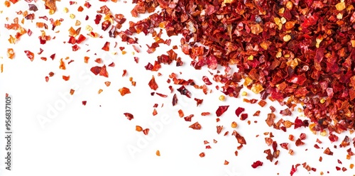 Isolated paprika pile and chili red pepper flakes.