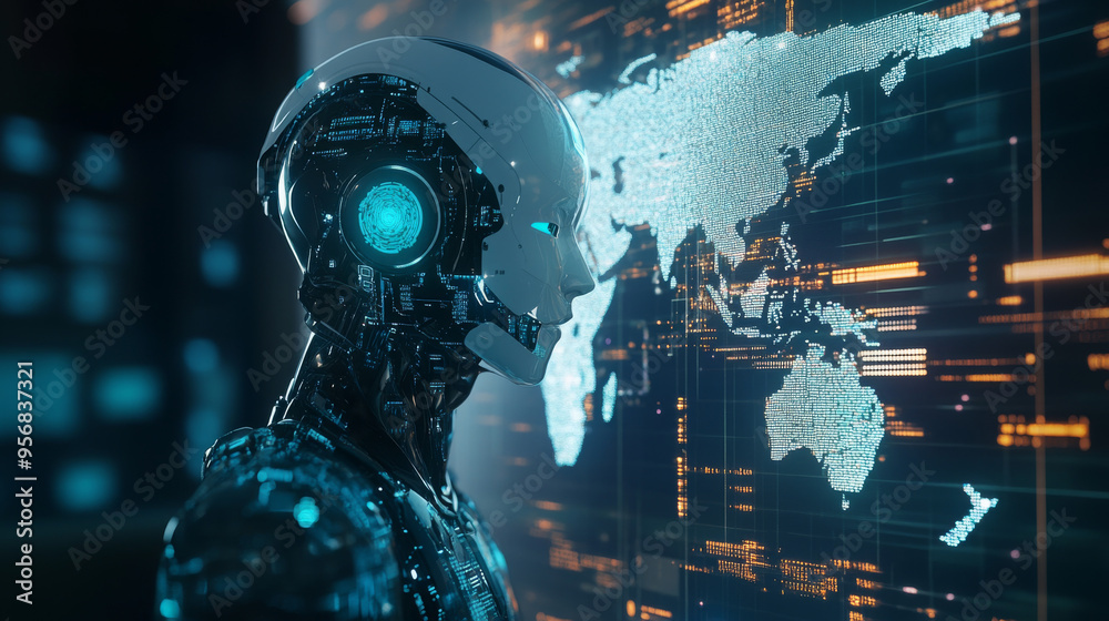 AI technology concept: A robot or chatbot head hovering over a digital map of the world. Artificial intelligence communicating with various locations on the globe for business. A cyborg face analyzing AI technology concept: A robot or chatbot head hovering over a digital map of the world. Artificial intelligence communicating with various locations on the globe for business. A cyborg face analyzing