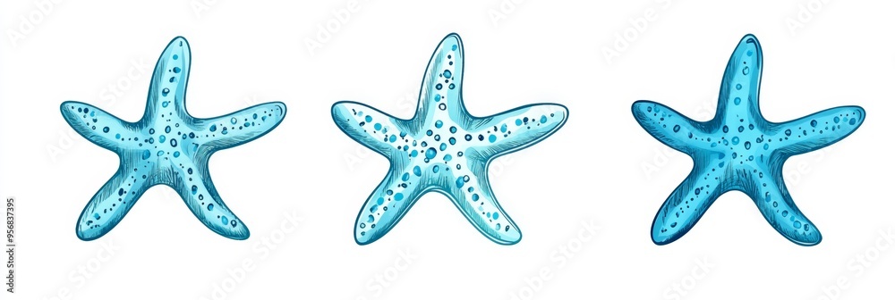 Doodle style illustration of three turquoise starfish on a white isolated background Doodle style illustration of three turquoise starfish on a white isolated background