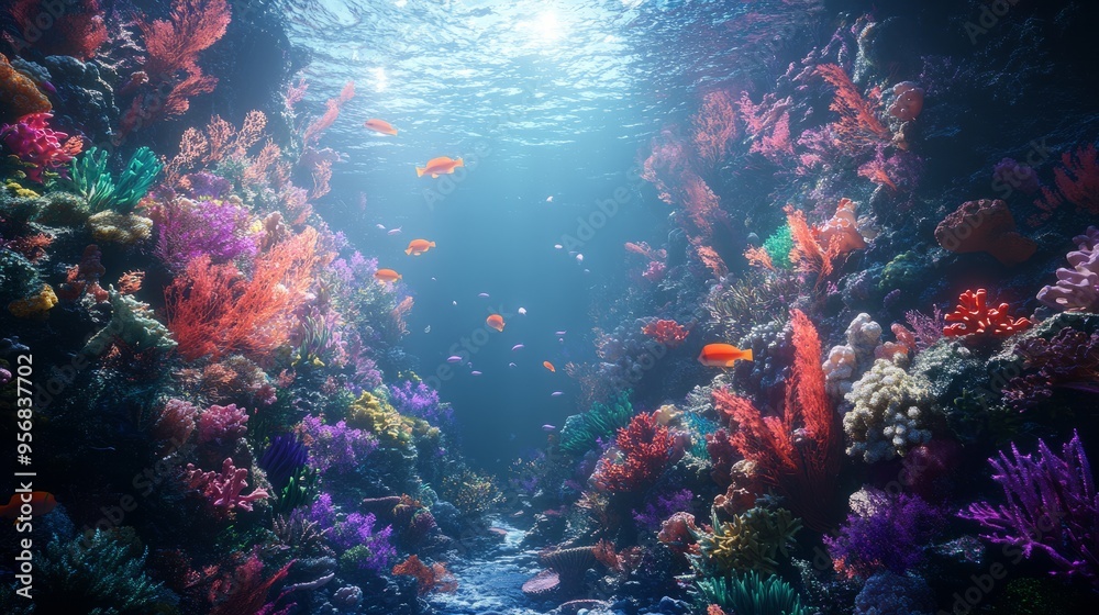 Fototapeta premium Immerse Yourself in a Vibrant Underwater World with 3D Glowing Fish