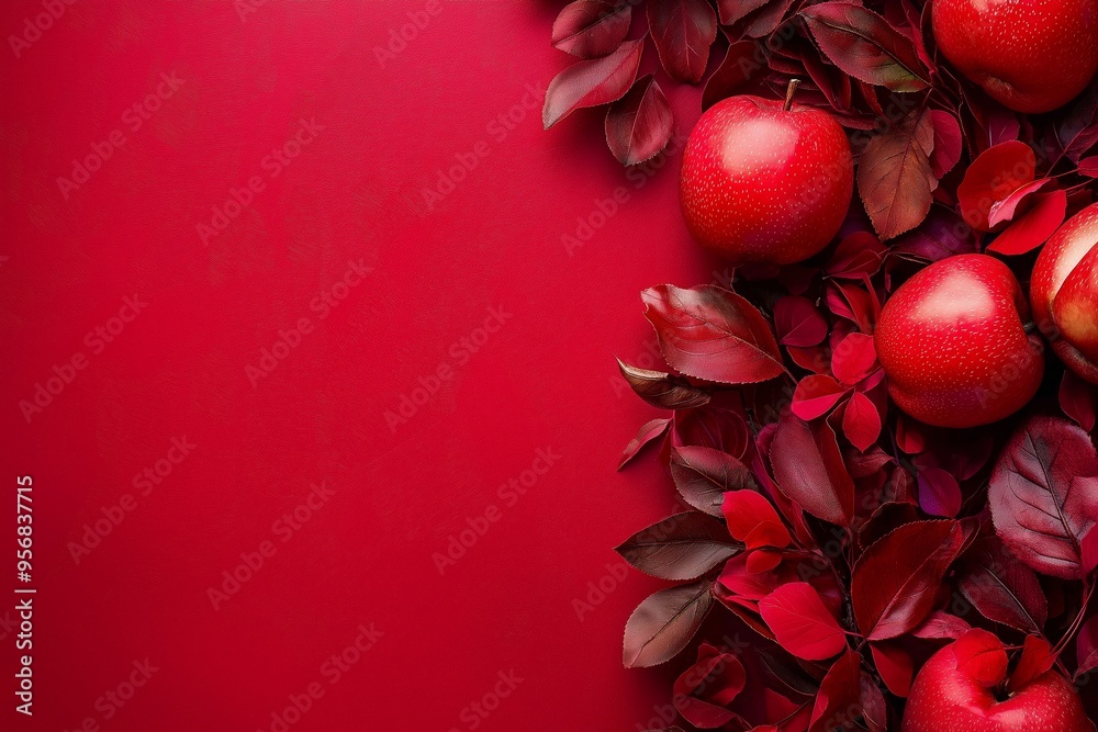 A closeup of fresh red apples with red leaves arranged artistically on a contrasting red background. A closeup of fresh red apples with red leaves arranged artistically on a contrasting red background.