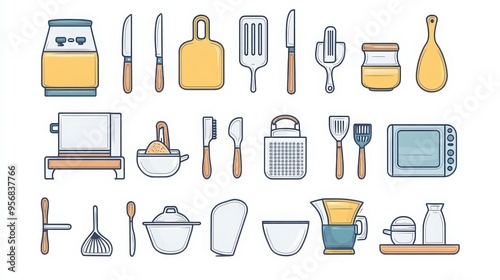 Food Preparation thin line icon set. Containing knife, cutting board, mixing bowl, saucepan, frying pan, spatula, ladle, measuring spoons, grater, blender, oven, microwave, stove, apron, recipe book. 