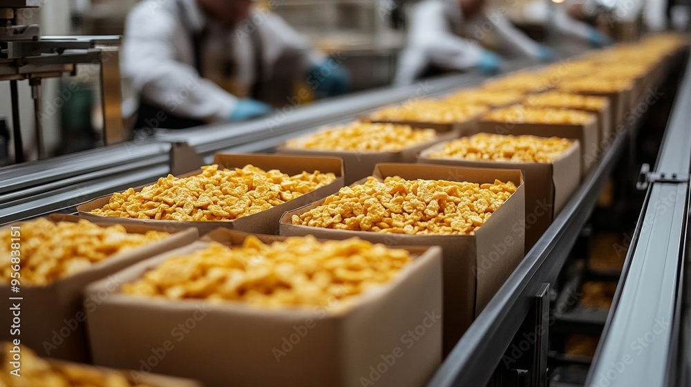 Corn flakes being packaged on a production line in an industrial food processing facility, showcasing efficiency. Corn flakes being packaged on a production line in an industrial food processing facility, showcasing efficiency.