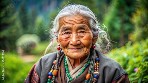 A serene, elderly lady with silver hair and gentle wrinkles, adorned with traditional attire and jewelry, exudes wisdom and warmth in a natural setting. photo