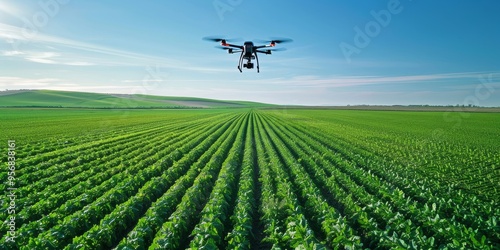 A drone flying over a digital farm field, capturing aerial images for precision farming and crop monitoring