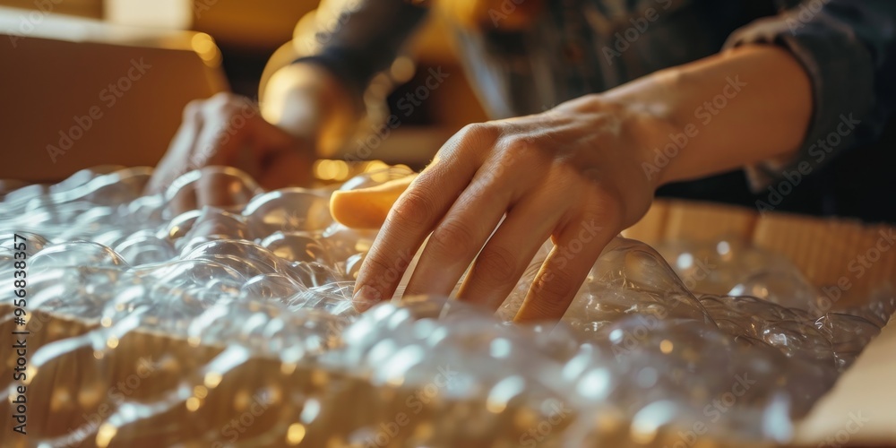 Close-up of hands packing fragile items with bubble wrap, emphasizing careful handling during moving