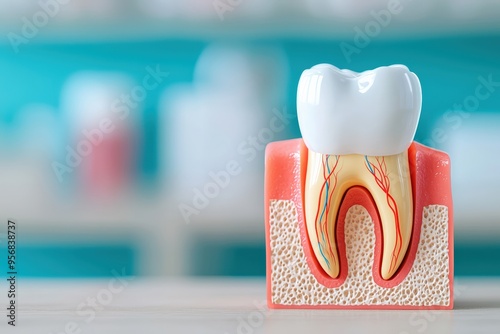 Detailed model of a human tooth, showcasing anatomy including enamel, dentin, pulp, and root structure for educational purposes.