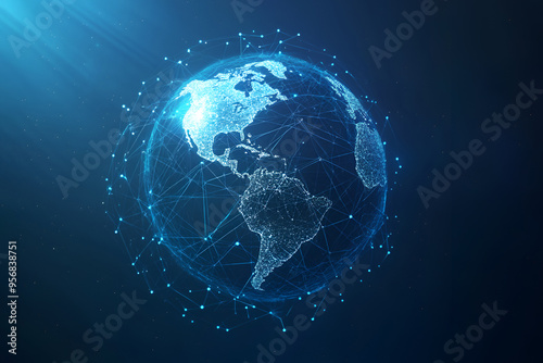 Futuristic globe with abstract connected lines and blue neon color isolated on dark background