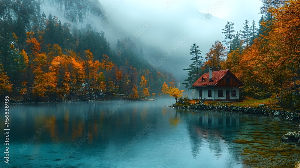 Fototapeta premium A Small House on a Misty Lake Surrounded by Autumn Trees