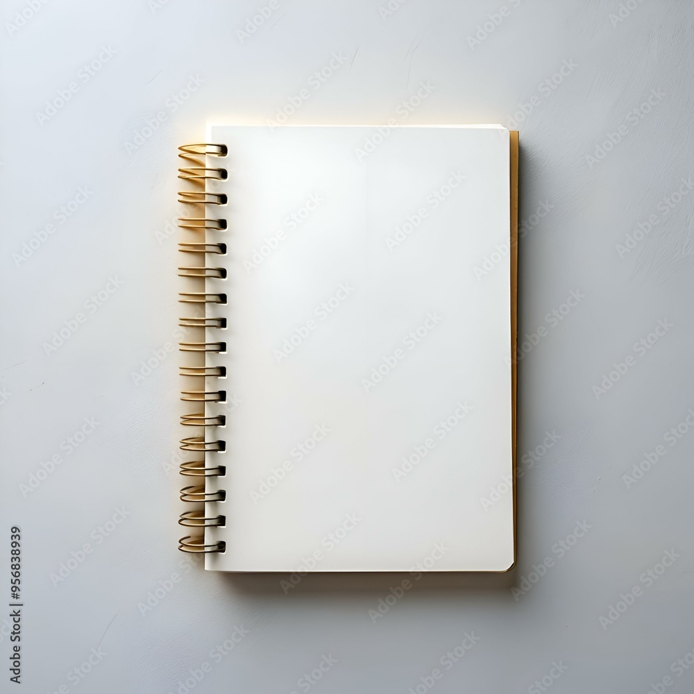 A blank. white. spiral bound notebook with a gold binding lies open on a light gray background. A blank. white. spiral bound notebook with a gold binding lies open on a light gray background.