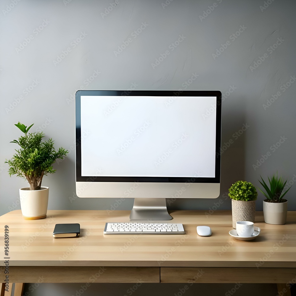 Modern computer mockup with blank screen. keyboard. mouse. and minimalist decor. Modern computer mockup with blank screen. keyboard. mouse. and minimalist decor.
