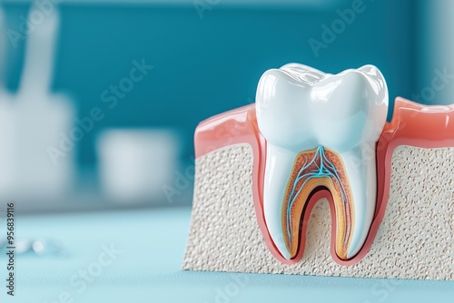 Detailed illustration of a human tooth anatomy, showcasing internal structures and surrounding tissues for educational purposes.