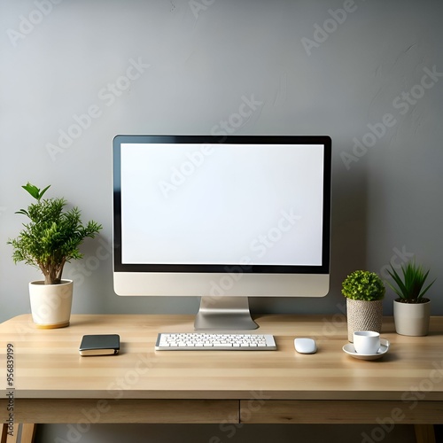 Modern computer mockup with blank screen. keyboard. mouse. and minimalist decor.